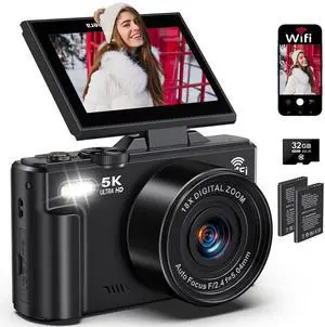 5K Digital Camera for Photography - 75MP WiFi Vlogging Camera for YouTube - UHD 18X Zoom Digital Cameras with Flip Screen 3" 180° - Travel Photography Flash Camara for Beginners & Adults