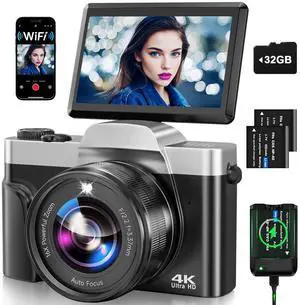 4K Digital Camera for Photography with WiFi, 2025 Latest Auto-Focus Vlogging Camera for YouTube Video 3'' 180° Flip Screen Travel Cameras 16X Zoom Anti-Shake 4K Cameras with SD Card, 2 Batteries
