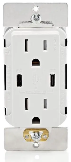 60W (6A) USB Dual Type-C/C Power Delivery in-Wall Charger with 15A Tamper-Resistant Outlet, USB Charger for Smartphones, Tablets, Laptops, T5636-W, White