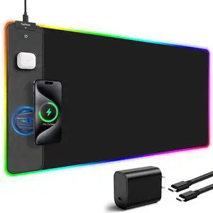 Wireless Charging RGB Mouse Pad, Waterproof Gaming Desk Mat with 4 Light Modes & 11 RGB Colors, 31.5"x15.75" XXL Large Desk Pad(Includes 20W PD Power Adapter & 6.56ft Woven Cable)
