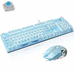 Mechanical Gaming Keyboard and Mouse Combo, Retro Steampunk Vintage Typewriter-Style Keyboard with LED Backlit, 104-Key Anti-Ghosting Blue Switch Wired USB Metal Panel Round Keycaps, Blue