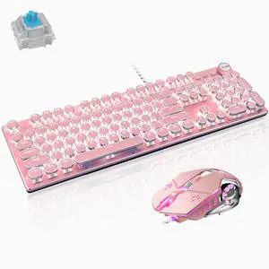 Mechanical Gaming Keyboard and Mouse Combo, Retro Steampunk Vintage Typewriter-Style Keyboard with LED Backlit, 104-Key Anti-Ghosting Blue Switch Wired USB Metal Panel Round Keycaps, Pink