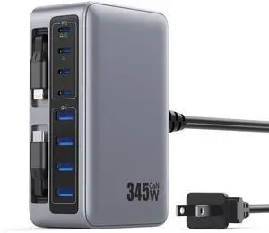 345W USB C Charger Block with 2 Built-in Retractable Cables,10-in-1 GaN IV USB C Charging Station,PD 65W Laptop Charger Power Adapter for MacBook Pro/Air,DELL,iPhone17/16/15/14,Galaxy S24,Android etc