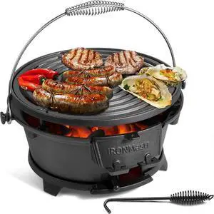 Hibachi Grill, 100% Cast Iron, Tabletop Small Portable Charcoal Grill for Outdoor Camping - 2 Heights, Air Control, Coal Door, Ideal for 2 People