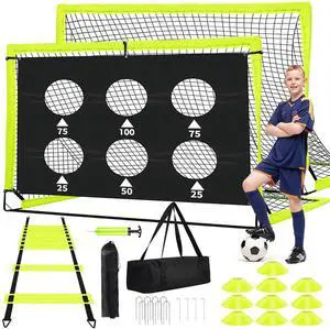 Kids Soccer Goals for Backyard Set of 2-6x4 ft Portable Pop Up Soccer Nets Training Equipment Baseball Protective Screens with Soccer Ball, Ladder, Cones, Ideal Birthday