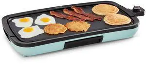 Deluxe Everyday Electric Griddle with Dishwasher Safe Removable Nonstick Cooking Plate for Pancakes, Burgers, Eggs and more, Includes Drip Tray + Recipe Book, 20 x 10.5, 1500-Watt - Aqua
