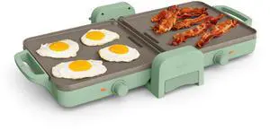 10"x 20" Ceramic Fold-n-Store Dual Temp Griddle, Fits-anywhere Kitchenware, EverGood Ceramic Nonstick Coating, 2 Temperature Zones up to 400°F, Dishwasher Safe Drip Tray, 1500 Watt, Seaglass