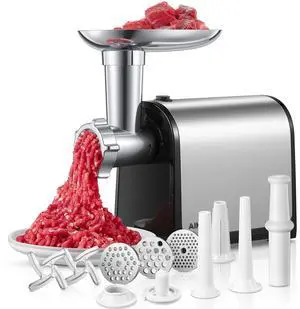 Electric Meat Grinder, Sausage Stuffer with 3 Sausage Tubes, 2 Blades, 3 Plates, 3200W Max, Meat Grinder Heavy Duty for Home Kitchen Use, Stainless Steel (Black)