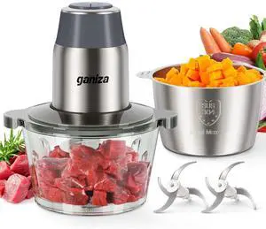 Food Processors, Electric Chopper with Meat Grinder & Veggie Chopper - 2 Bowls with Powerful Copper Motor - Includes 2 Sets of Bi-Level Blades for Baby Food/Meat (Grey, 8 Cup+8 Cup)