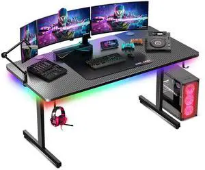 Gaming Desk 55 Inch with LED Lights, Large Computer Desk with Mouse Pad for Home Office, T-Shaped Carbon Fibre Surface PC Game Workstations with Headphone Hook Light Black