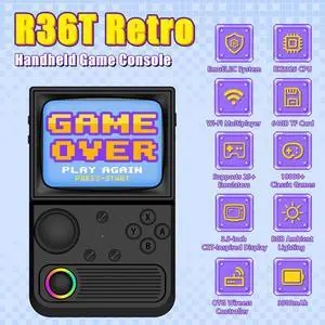 R36T Retro Gaming Console, 3.5'' IPS Screen CRT-Inspired, Handheld Game Console with 18000+ Classic Games Supports WiFi Networked Fighting and OTG, 3500mAh Battery, with Portable Case(Black 64GB)
