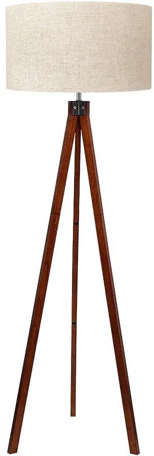 Wood Tripod Floor Lamp, Mid Century Standing Lamp, Modern Design Studying Light for Living Room, Bedroom, Study Room and Office, Flaxen Linen Shade with E26 Base Brown