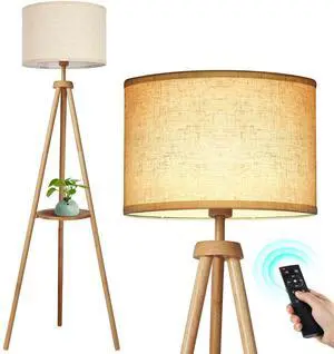Wood Tripod Floor Lamp with Shelves, Mid Century Floor Lamp with Remote Control,4 Color Temperature, LED Modern Dimmable Standing Lamp with Beige Linen Shade for Living Room, Bedroom, Office