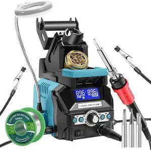939D+ III EVO Digital Soldering Iron Station Kit 110W High Power with LCD display, 4 Memory Channels, Sleep Mode, Digital Calibration, Solder Wire, Helping Hands, Magnifier, 3 Soldering Tips