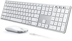 Wireless Bluetooth Keyboard and Mouse Combo (USB + Dual BT), SKM64-3 Multi-Device Rechargeable Slim Keyboard and Mouse, Compatible for Win 7/8/10, MacBook Pro/Air, iPad, Tablet - White Silver