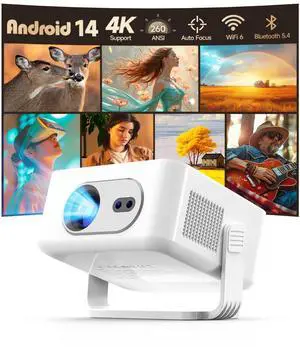 2025 Android 14 Smart Projector 4K & 8K Support, Portable Projector with WiFi 6 and Bluetooth 5.4, Auto Focus & Vertical Keystone, 180°Rotatable, Mini Proyector for Outdoor Home HY300Max
