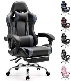 Computer Video Game Desk Chair - Ergonomic Comfy Lumbar Support with Footrest, PU Leather Recliner with Headrest, Fixed Up Armrest, Height Adjustable and 360° Swivel, for Adults, Grey