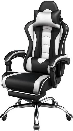 Gaming Chair, Video Game Chair with Massage Lumbar Support and Footrest Height Adjustable Ergonomic Computer Gaming Chair with Swivel Seat and Headrest, White
