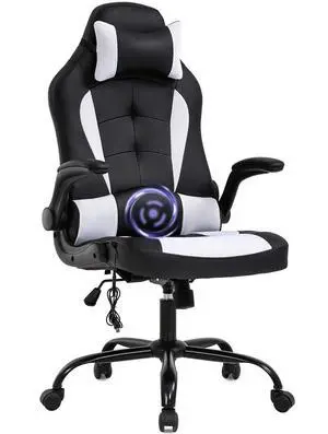 Massage Gaming Chair Office Chair Ergonomic PU Leather Desk Chair with Lumbar Support, Headrest, Flip-Up Armrests, and Swivel Rolling Base, Ideal for Women Adults, White
