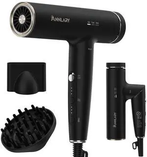 Plasma Ion Hair Dryer with Diffuser for Curly Hair, 110000 RPM Professional High Speed Blow Dryer with Plasma Ion, 1500W Foldable Travel Hairdryer with 6.5 Ft Cord Fast Drying for Women Men