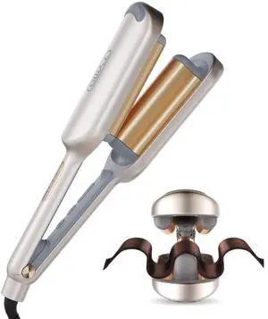 Curling Iron Hair Crimper Waver -  ROVY Beach Waves Curling Wand, Ionic Deep Waver Hair Curler Tool with Ceramic 3 Barrel for Women, Dual Voltage, Anti-Scald, Easy to Use, Elegant Gold, 1.25 Inch