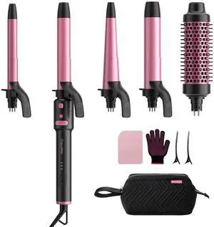 5 in 1 Automatic Rotating Curling Iron Set,  Beach Waves Hair Curler - 5 Barrels (3/4,1,1/4 Inch) Dual Voltage Curling Wand for Professional Hair Styling, Travel, Ceramic Coating, Women Gifts