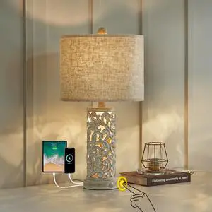3-Way Dimmable 22'' USB A+C Touch Control Table Lamp with Nightlight for Living Room Bedroom Farmhouse Bedside Nightstand Lamps (Bulb Included)