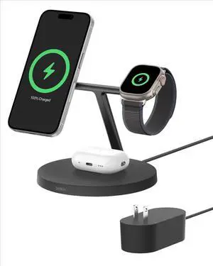 MagSafe-Compatible Charger, 3-in-1 Wireless Charging Station, Qi2-Certified 15W Wireless Charge for Apple iPhone 17 Series, Apple Watch, AirPods w/Non-Slip Base, 40W Included - Black