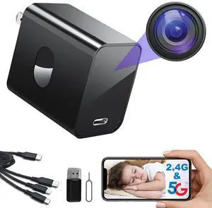 4K Nanny Cam Hidden Camera Supports 2.4G&5GHz WiFi, Hidden Camera Charger, Small Nanny Cam with Human Detection, Night Vision, 160°Wide View-Angle, Type C Nanny Camera for Home