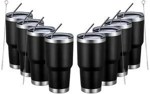 30oz Insulated Tumbler With Lids and Straws,Stainless Steel Double Vacuum Coffee Tumbler Cup, Brush, Durable Powder Coated Coffee Cup for Cold & Hot Drinks(Black,8 PACK)