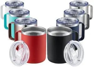 12oz Mix Color Mug With Handle 8 Pack Bulk,Stainless Steel Insulated Travel Tumblers With Sliding Lid,Double Wall Vacuum Camping Coffee Cup for Hot & Cold Drinks Tea (Mix,Set of 8)