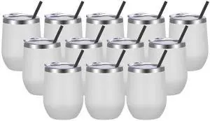 Wine Tumblers Bulk 12 Pack, 12oz Stainless Steel Stemless Wine Glass with Lids and Straws, Double Wall Vacuum Insulated Tumbler Cup, Coffee Mug for Cold Hot Drinks