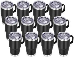 20 oz Tumbler Bulk with Handle Lid and Straw, Stainless Steel Insulated Travel Coffee Mug Set, Spill Proof Double Wall Metal Tumblers Cups, Powder Black 12 Pack