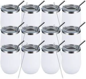 12 OZ/12 Pack Wine Tumbler Glasses with Lid -Double Wall Vacuum Stainless Steel Travel Tumbler Mug,Stemless Insulated Wine Cup for,Coffee,Cocktails,Gifts (White,Set of 12)