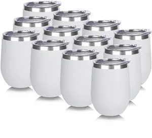 Stainless Steel Wine Tumbler Bulk with Lid, Personalized White Insulated Tumblers Set, 12oz Travel Coffee Cups Pack of 12