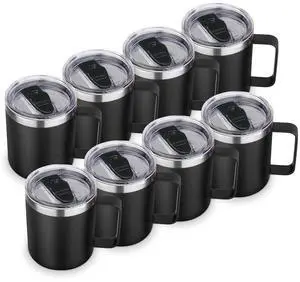 14oz Insulated Stainless Steel Coffee Mug with Lid Bulk 8 Pack,Double Wall Vacuum Travel Coffee Cup with Handle,Reusable Metal Cups Tumbler,Camping Mugs Keep Hot,Ideal Gifts(Black,8)