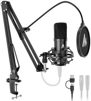XLR/USB Condenser Microphone: 192kHz/24Bit Plug & Play PC Computer Podcast Cardioid Metal Mic Kit with Software, Professional Sound Chipset for Recording, Studio, Singing, YouTube A04 Gen2