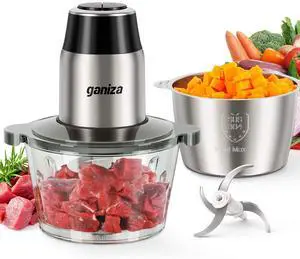 Food Processors, Electric Food Chopper with Meat Grinder & Vegetable Chopper - 2 Bowls (8 Cup+8 Cup) with Powerful 450W Copper Motor - Includes 2 Sets of Bi-Level Blades for Fruits/Meat/Nuts