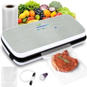 Food Vacuum Sealer Machine - Automatic Air Sealing System for Dry & Moist Foods, LED Touch Controls, Includes Vacuum Bags, Hose & Wine Stopper, High Suction Power, 14"x6"x3", Silver
