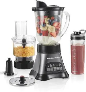 Blender and Food Processor Combo for Shakes & Smoothies, With 3 Cup Electric Food Chopper Attachment, 40 oz Glass Jar, Blender Travel Cup, 700 Watts Peak Power, Gray & Black (58163)