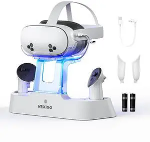 Enhanced Charging Dock for Meta Quest 3 and 3S, with LED Light [On/Off], [Support Elite Strap with Battery], Headset Display Holder and Controller Mount, Rechargeable Batteries, White