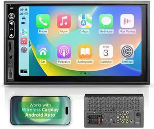 Double Din Car Stereo Compatible with Wireless Apple Carplay, Android Auto - 7" Touch Screen Car Audio Receiver with Bluetooth, AUX, FM Car Radio
