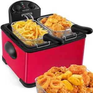 1700-Watt Stainless-Steel Triple Basket Electric Deep Fryer with Timer Free Extra Odor Filter, 4L/17-Cup, Red