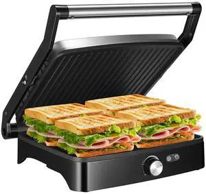 Panini Press Grill Indoor Sandwich Maker with Temperature Setting, 4 Slice Large Non-stick Versatile Grill, Opens 180 Degrees to Fit Any Type or Size of Food, Removable Drip Tray, 1200 W