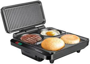 Sandwich Maker and Hamburger Grill Machine with Non-Stick Griddle and Griller Plate, 1000W Electric Multipurpose Breakfast Station for Sandwiches, Burgers, Egg Muffin & Pancakes, Black HMG111B