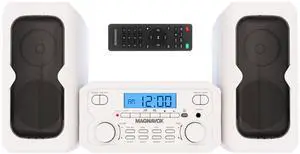 MM435M-WH 3-Piece Compact CD Shelf System with Digital FM Stereo Radio, Bluetooth Wireless Technology, and Remote Control in White | LCD Display | AUX Port Compatible | 2022 Version |