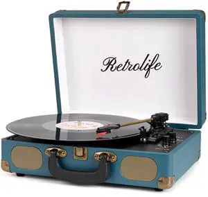 Vinyl Record Player 3-Speed Bluetooth Suitcase Portable Belt-Driven Record Player with Built-in Speakers RCA Line Out AUX in Headphone Jack Vintage Turntable Coral Blue