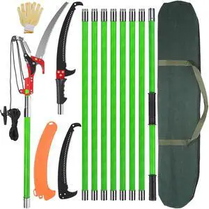 30 Ft Manual Pole Saw, Extendable Tree Pruner Blade and Scissors Set with 9 Fiberglass Handles, Long Branch Pruner Retractable for Backyard and Garden, Bush Cutting and Pruning of Palm Trees