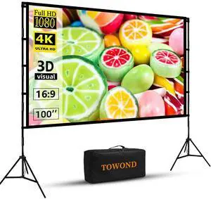 Projector Screen with Stand, 100 inch Outdoor Projector Screen Portable Indoor Projection Screen 16:9 4K Rear Front Movie Screen with Carry Bag for Home Backyard Theater