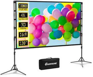 Projector Screen and Stand, 120 inch Portable Projector Screen Indoor Outdoor Projection Screen 16:9 4K HD Wrinkle-Free Light-Weight Movie Screen with Carry Bag for Backyard Movie Night